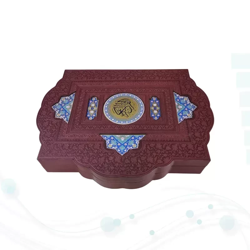 قرآن وزیری بدون ترجمه گلاسه چرم قهوه ای جعبه دار طرح صدف پلاک دار با آینه