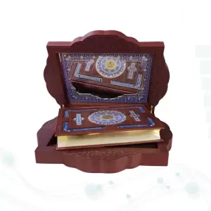 قرآن وزیری بدون ترجمه گلاسه چرم قهوه ای جعبه دار طرح صدف پلاک دار با آینه